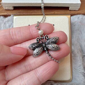 Antique Silver Freshwater Pearl Dragonfly Necklace